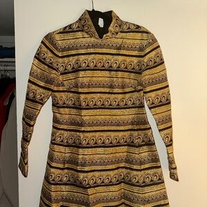 Vintage gold paisley mini dress—70s mod glam with a statement collar